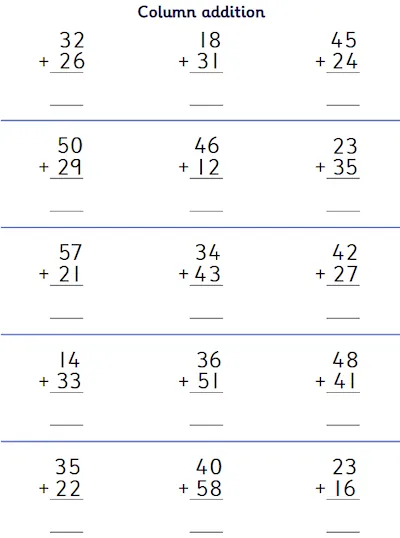 Column Addition of Two 2-Digit Numbers, No Carrying
