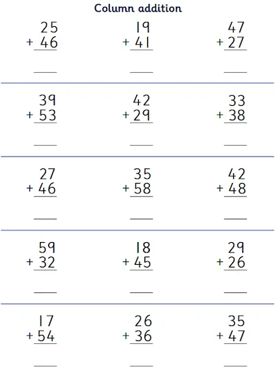 Column Addition of Two 2-Digit Numbers, With Carrying