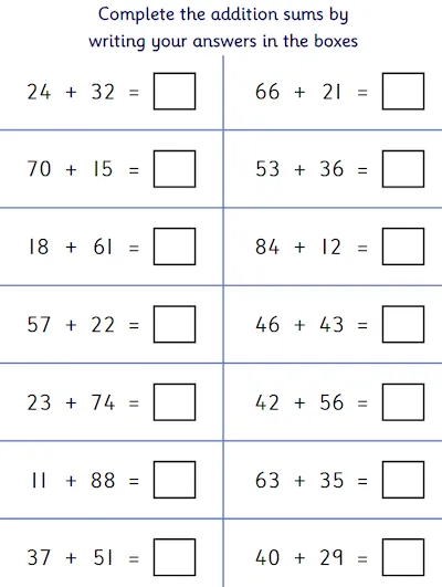 Horizontal Addition of Two 2-Digit Numbers, No Carrying