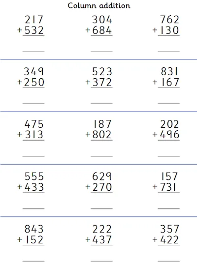 Column Addition of Two 3-Digit Numbers, No Carrying