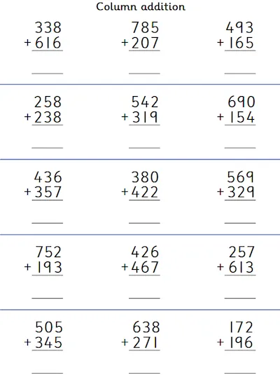 Column Addition of Two 3-Digit Numbers, With Carrying