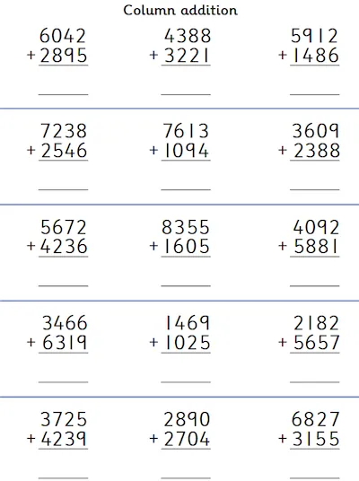 Column Addition of Two 4-Digit Numbers, With Carrying