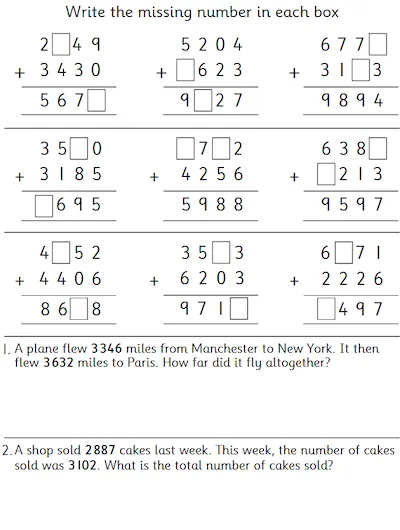 Missing Number and Addition Problems, 4-Digit Numbers