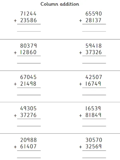 Column Addition of Two 5-Digit Numbers