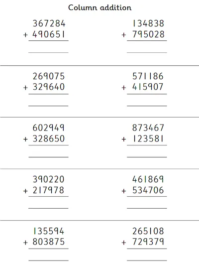 Column Addition of Two 6-Digit Numbers