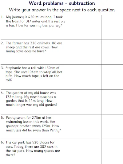 Subtraction Word Problems, up to 3-Digits