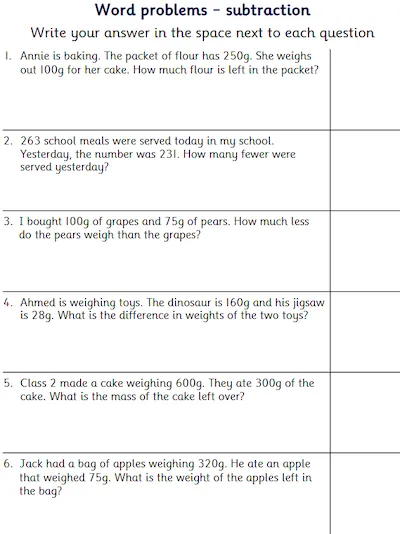 Subtraction Word Problems involving Measures