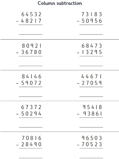 Subtract Two 5-Digit Numbers, with Decomposition