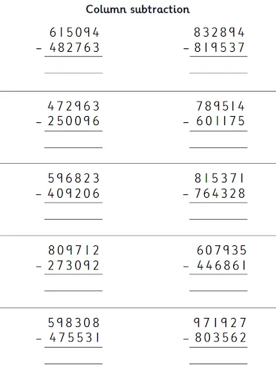 Subtract Two 6-Digit Numbers, with Decomposition