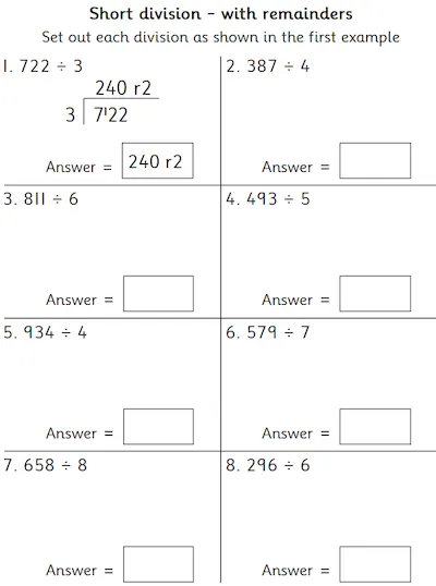 Short Division, 3-Digit Numbers with Remainders