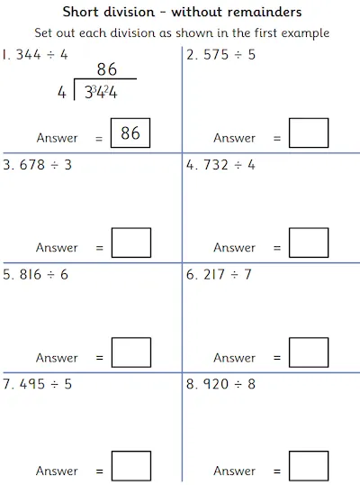 Short Division, 3-Digit Numbers without Remainders