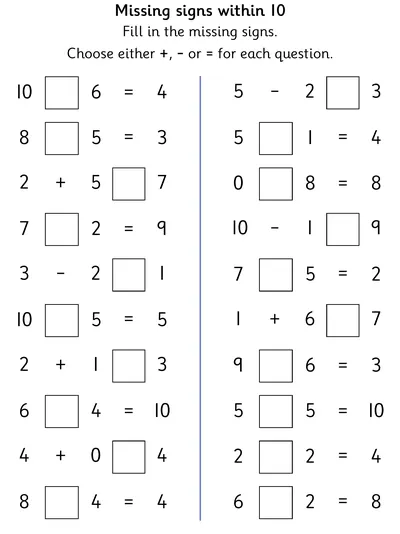 Missing Signs: Add, Minus or Equals within 10