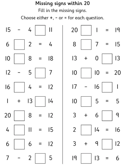 Missing Signs: Add, Minus or Equals within 20