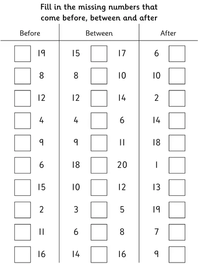Numbers to 20, One More, One Less, In Between