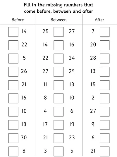 Numbers to 30, One More, One Less, In Between