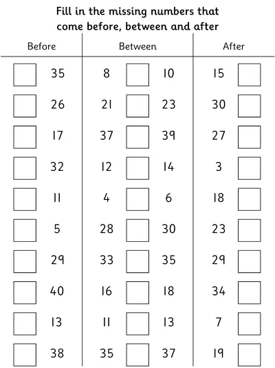 Numbers to 40, One More, One Less, In Between