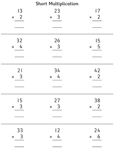 Short Multiplication, up to 6 Times Table