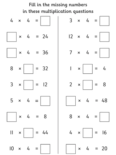 Finding Missing Numbers, 4 Times Table