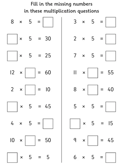 Finding Missing Numbers, 5 Times Table