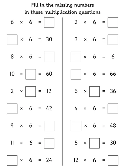 Finding Missing Numbers, 6 Times Table