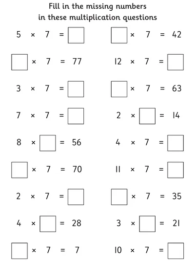 Finding Missing Numbers, 7 Times Table