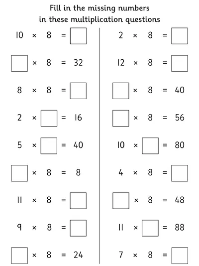 Finding Missing Numbers, 8 Times Table