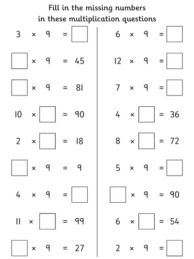Finding Missing Numbers, 9 Times Table