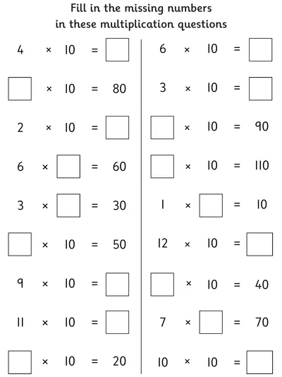 Finding Missing Numbers, 10 Times Table