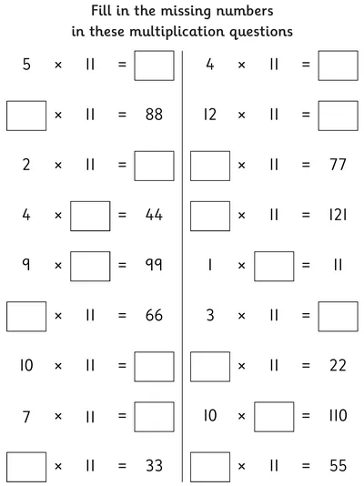 Finding Missing Numbers, 11 Times Table