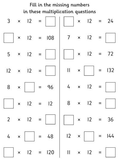 Finding Missing Numbers, 12 Times Table