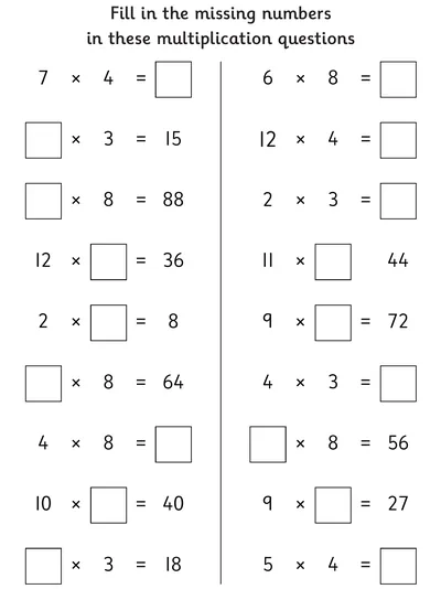 Finding Missing Numbers, 3, 4 and 8 Times Tables