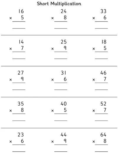 Short Multiplication, 5, 6, 7, 8 and 9 Times Tables