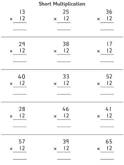 Short Multiplication, 12 Times Table