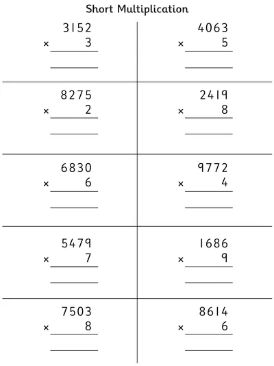 Short Multiplication of Four-Digit Numbers, up to ×9