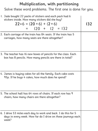 Multiplication Word Problems, involving Partitioning