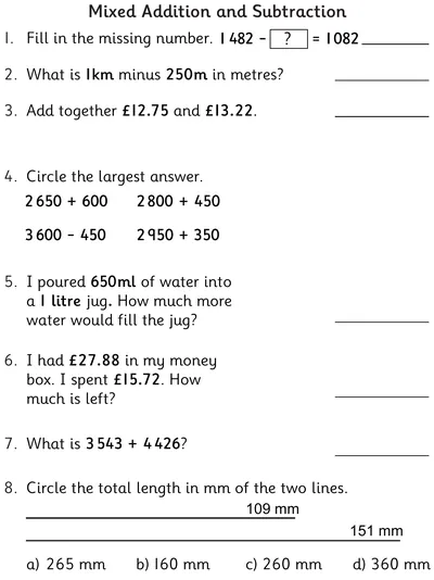 Mixed Addition and Subtraction, up to 4-Digit Numbers