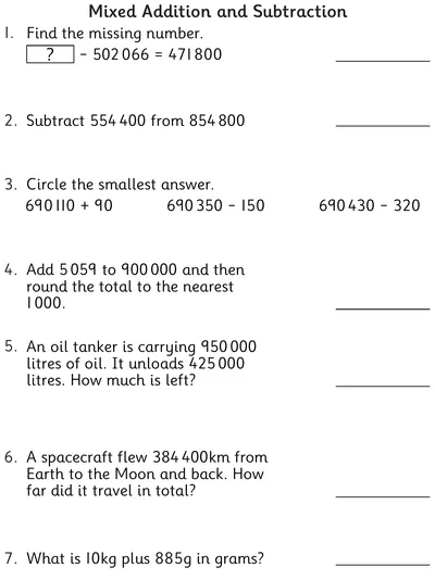 Mixed Addition and Subtraction, up to 6-Digit Numbers