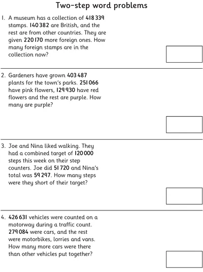 Two-Step Word Problems, up to 6-Digit Numbers