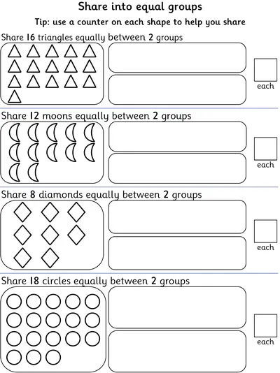 Sharing 2D Shapes into Two Equal Groups, within Twenty
