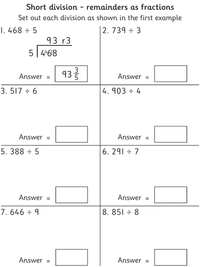 Short Division of 3-Digits, Fractional Remainders