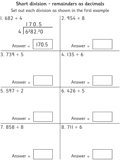 Short Division, 3-Digit Numbers, Decimal Remainders