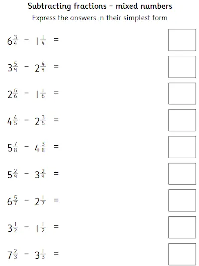 Subtract Mixed Numbers with Common Denominators