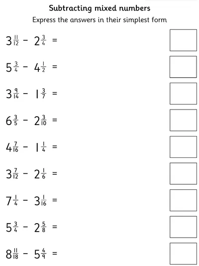 Subtracting Mixed Numbers, Denominators are Multiples 