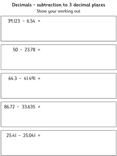 Subtracting Decimals to 3 Decimal Places with Decomposition