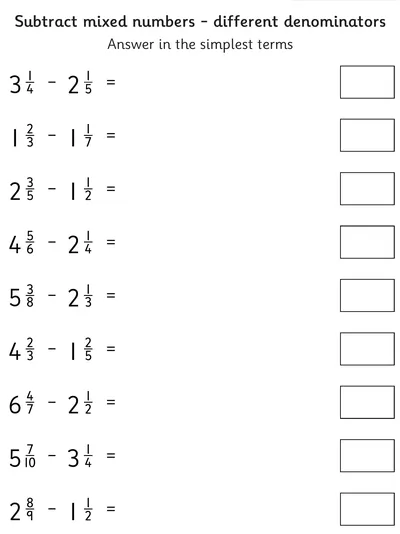 Subtract Mixed Numbers, Different Denominators