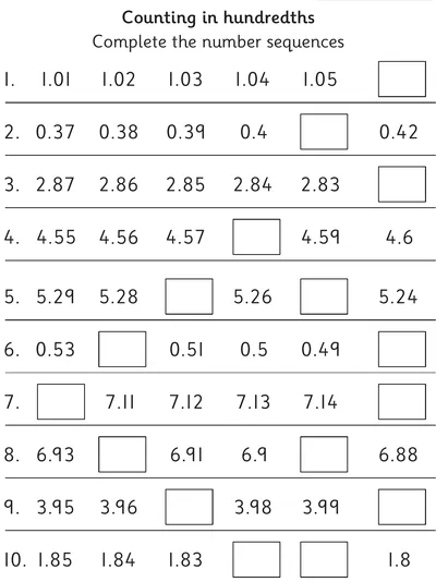 Decimal Counting in Hundredths, Forwards and Backwards