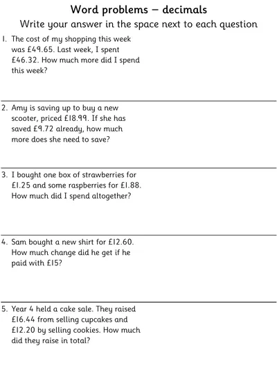 Word Problems involving Decimal Money
