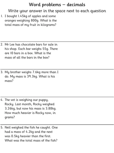 Word Problems involving Decimal Masses