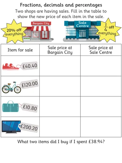 Percentage and Fraction Discounts on Money