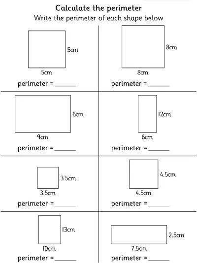 Finding the Perimeter of Squares and Rectangles, cm